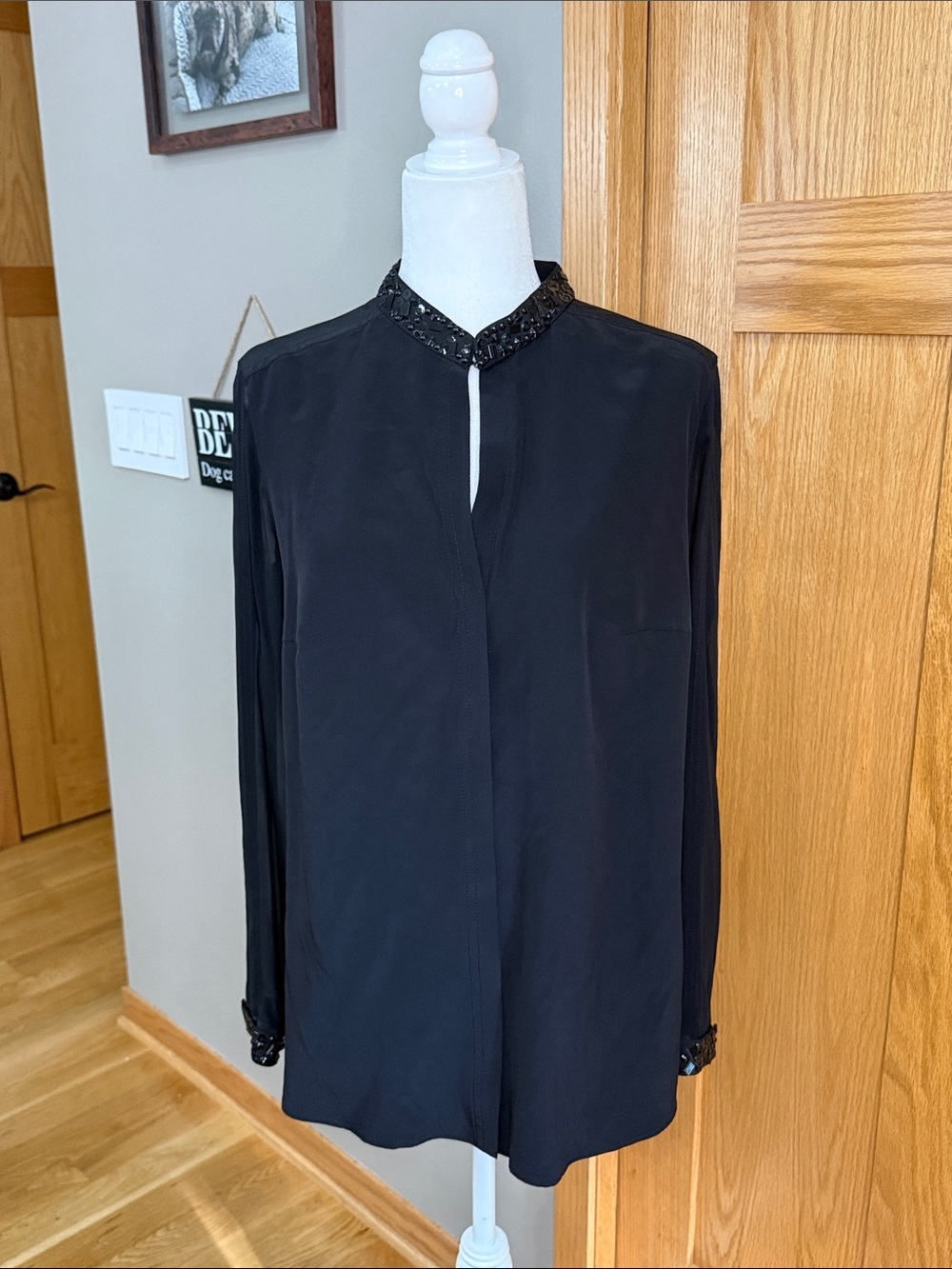 Akris Punto Black Beaded Collar Long-Sleeve Silk Blouse